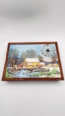 Vintage Byron Molds 1982/83 Hand Painted Winter Farm Scene Wall Clock Signed